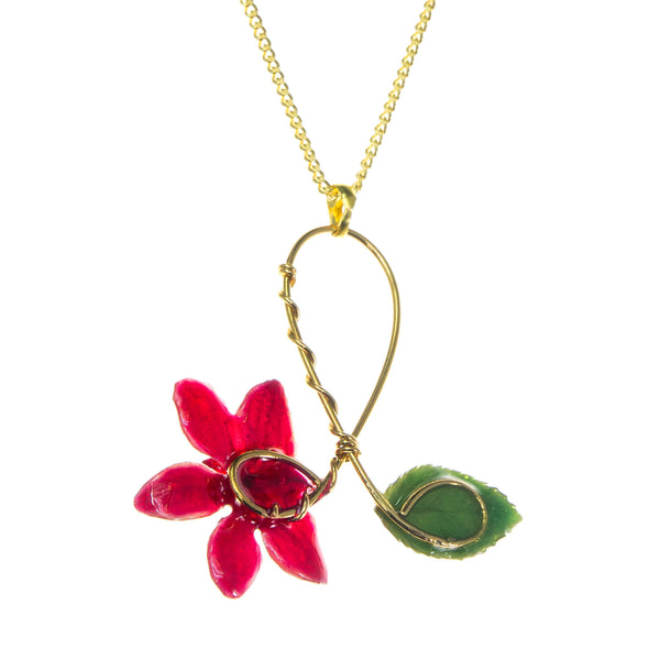 Doritis Orchid and Rose Leaf Pendant - Red