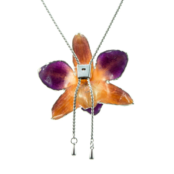 Dendrobium Orchid Silver Slider Necklace with Trim - Purple Orange