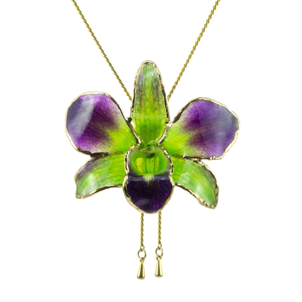 Dendrobium Orchid Gold Slider Necklace with Trim - Purple & Green
