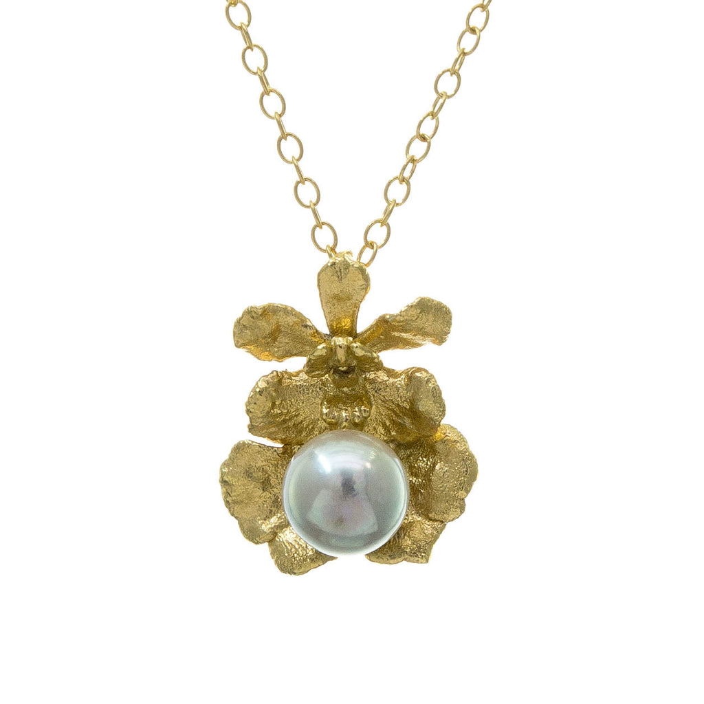 Miniature Gold Oncidium Orchid Pendant with Pearl