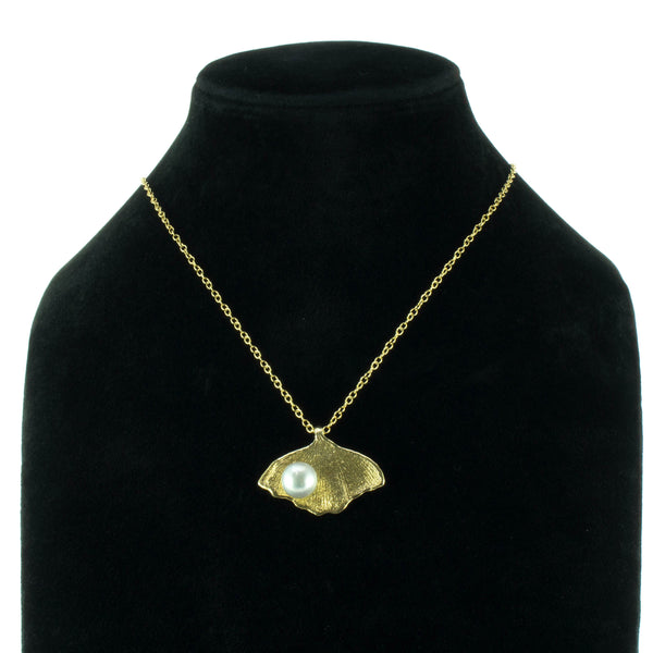 Miniature Gold Gingko Leaf Pendant with Pearl