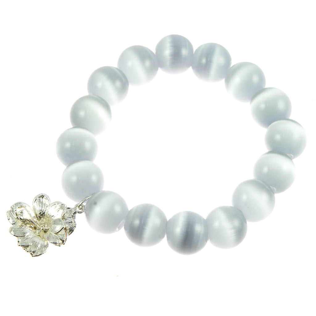 Light Grey Glass Bead and Silver Kalanchoe Bracelet