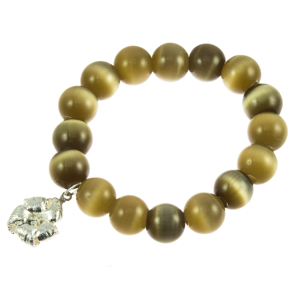 Brown Glass Bead and Silver Papaya Flower Bracelet